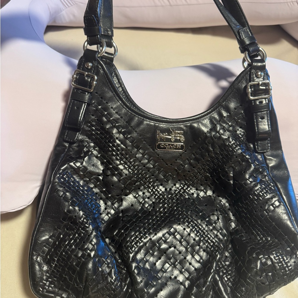 Coach Black Woven Leather Shoulder Bag